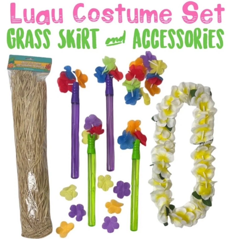 Luau Costume Set Grass Skirt Tropical Hawaiian Party Tiki Bar Island Decorations